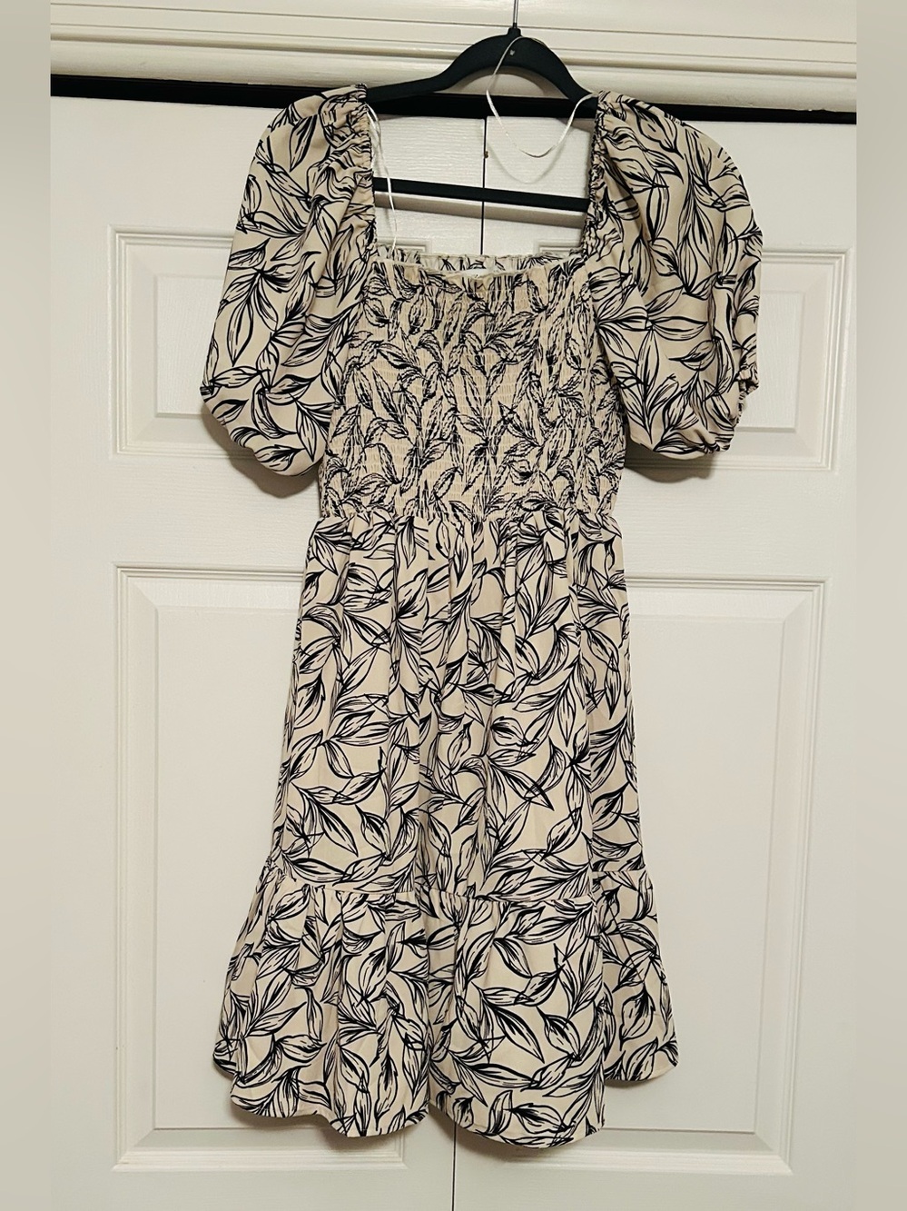 HYFVE Cream Midi Dress with black Leaf Pattern and Puff Sleeves